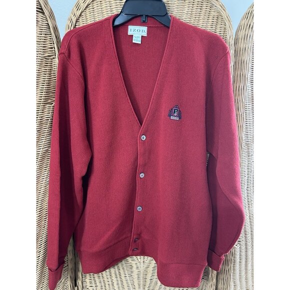 VTG IZOD Men’s Cardigan Sweater L Red Knit Button Front Preppy Academia Grandpa - Picture 1 of 5
